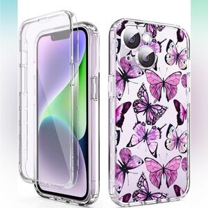 5for$10 Built in Screen Protector, Full Body iPhone 14 Purple Butterfly